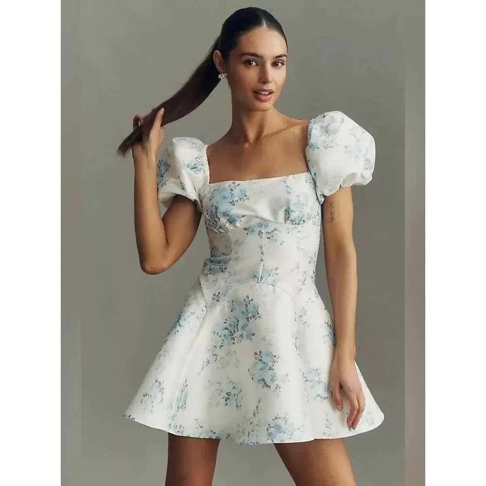 BHLDN Puff-Sleeve Printed Dupioni Fit & Flare Mini Dress